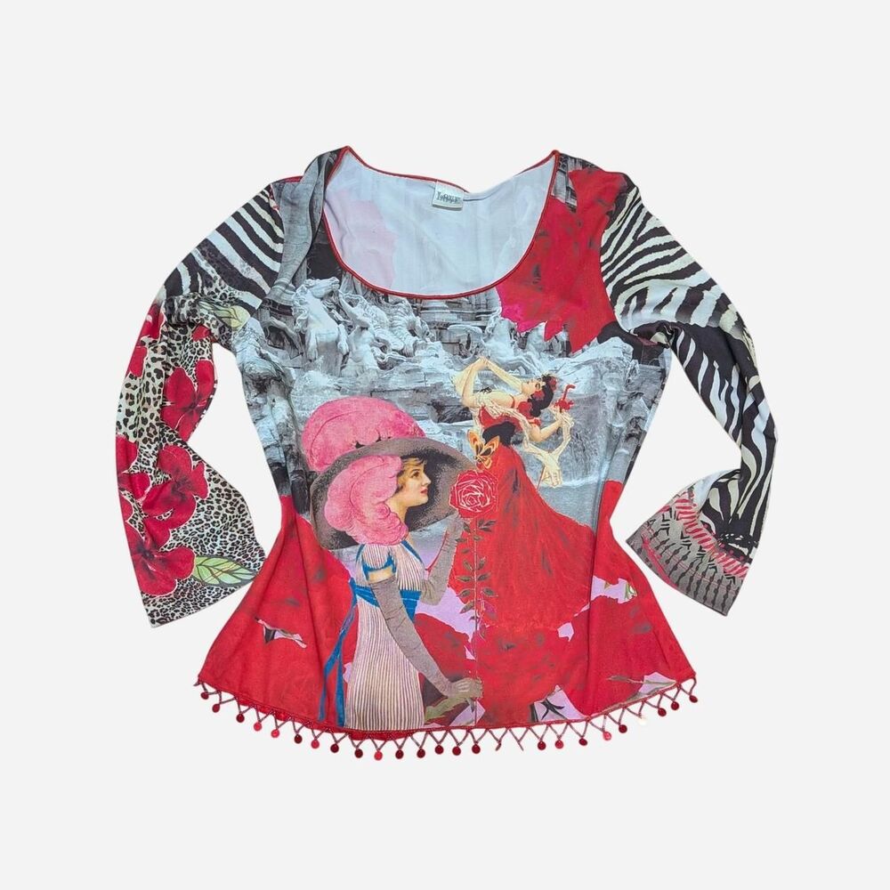 Vintage Y2K Whimsygoth Museum Renaissance Graphic Top Mixed Animal Print Rose